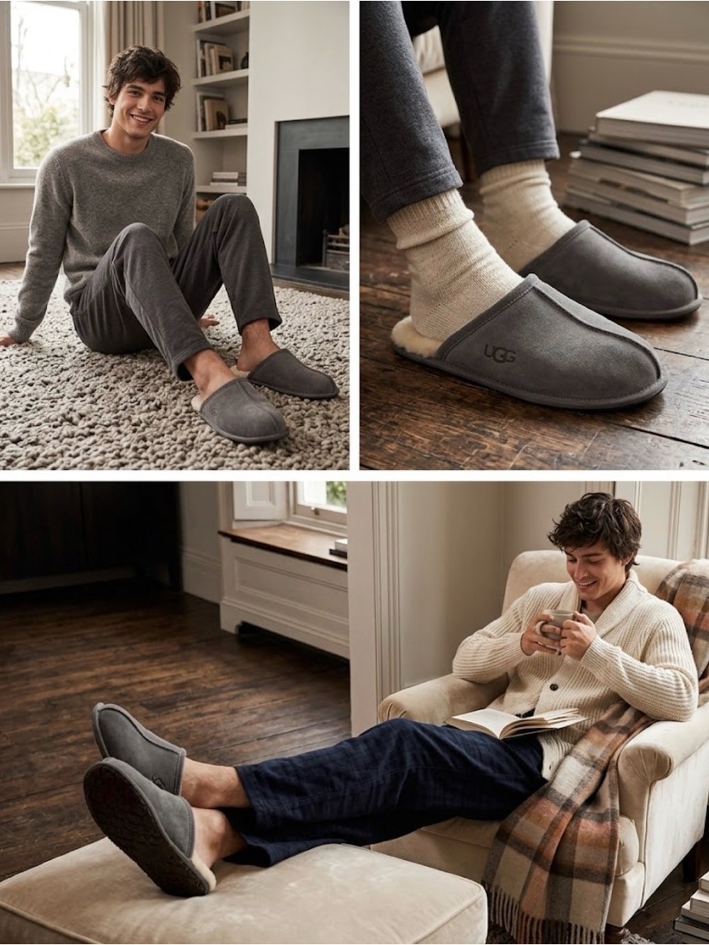 UGG Men's Grey Suede Shearling-Lined Slip-On Slippers